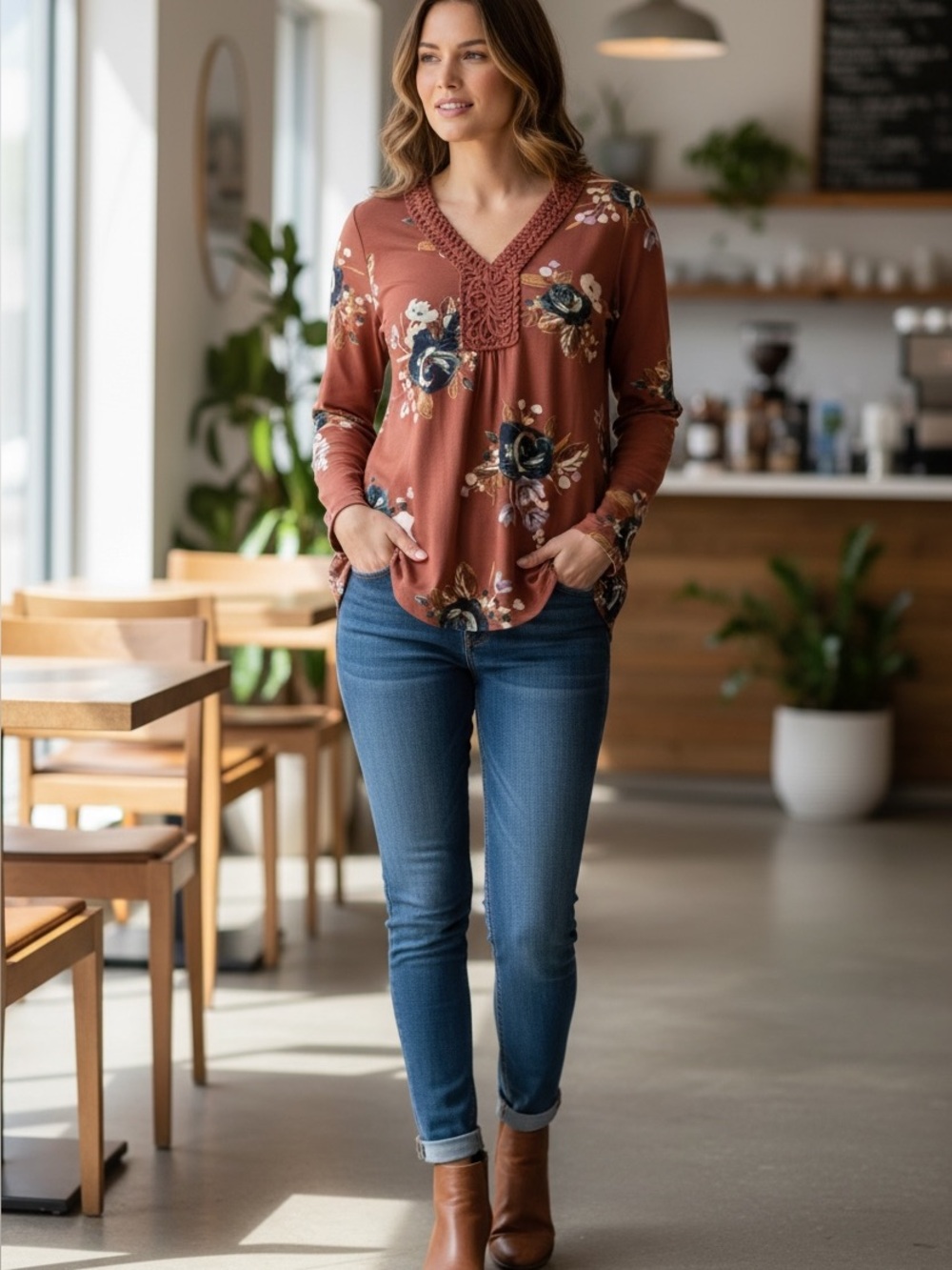 Daniel Rainn Rust Floral Boho Top Small NWT Stitch Fix